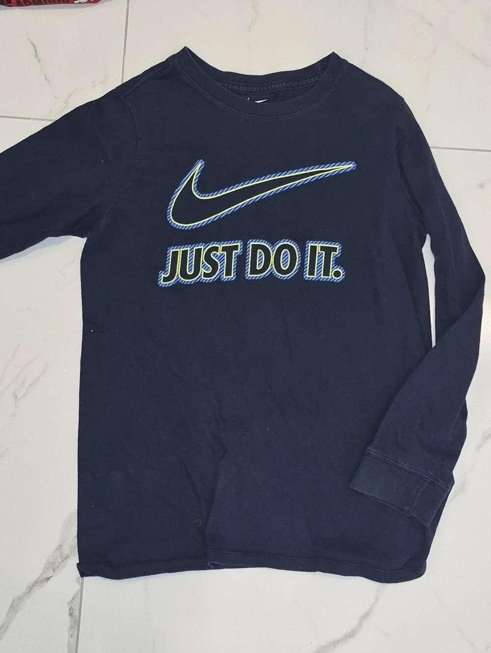 Nike Navy Long-Sleeve 'Just Do It.' Tee with Neon Accent